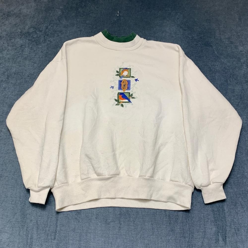 Top Stitch by Morning Sun Sweatshirt Mens XL White Cotton Lined Birds Patch